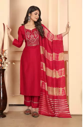 Beautiful red colour vertical silk fabric ethnic embroidered readymade salwar suit