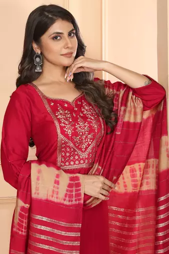 Beautiful red colour vertical silk fabric ethnic embroidered readymade salwar suit