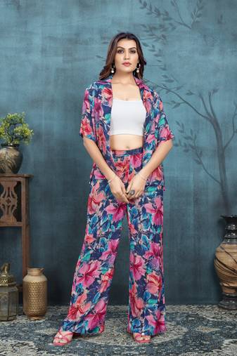 Blue colour viscose muslin designer coord set with trendy looks for graceful presence