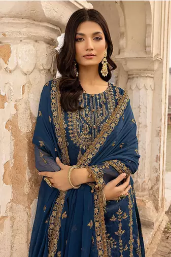 Blue floral embroidered with sequins georgette pakistani salwar suit