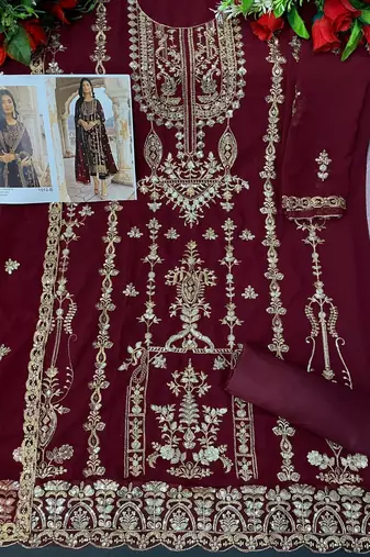 Maroon floral embroidered with sequins georgette pakistani salwar suit