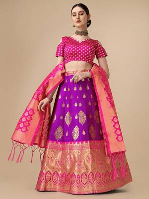 Purple Brocade Fabric Lehenga & Unstitched Blouse With Dupatta 1