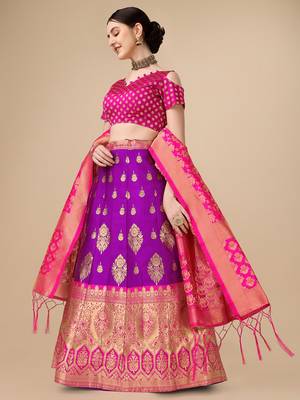 Purple Brocade Fabric Lehenga & Unstitched Blouse With Dupatta 2