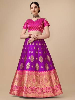 Purple Brocade Fabric Lehenga & Unstitched Blouse With Dupatta 4