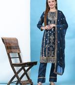 Blue floral embroidered with sequins georgette semi salwar suit