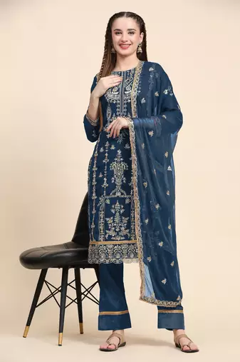 Blue floral embroidered with sequins georgette salwar suit