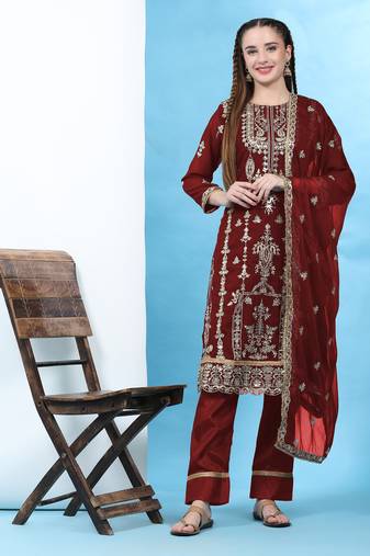 Maroon floral embroidered with sequins georgette semi salwar suit