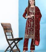 Maroon floral embroidered with sequins georgette semi salwar suit