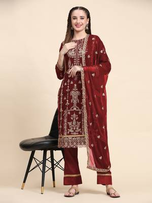 Maroon floral embroidered with sequins georgette salwar suit 2