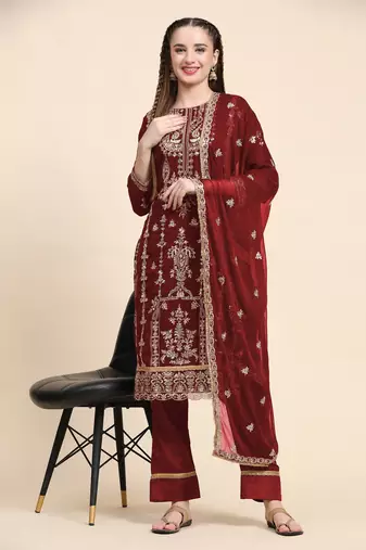 Maroon floral embroidered with sequins georgette salwar suit