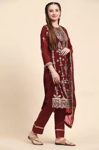 Maroon floral embroidered with sequins georgette salwar suit