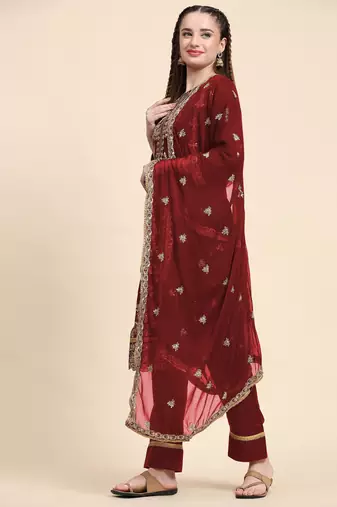 Maroon floral embroidered with sequins georgette salwar suit