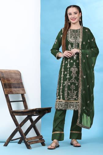 Green floral embroidered with sequins georgette semi salwar suit