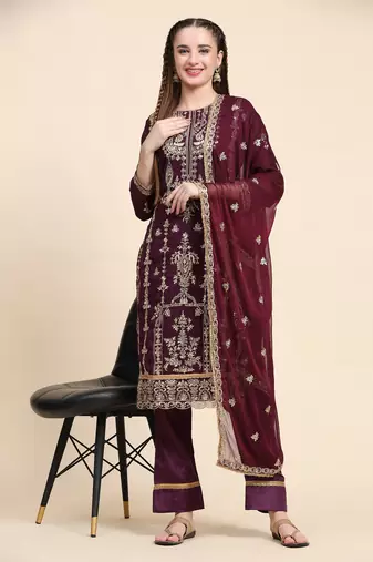 Purple floral embroidered with sequins georgette salwar suit