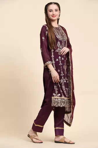 Purple floral embroidered with sequins georgette salwar suit
