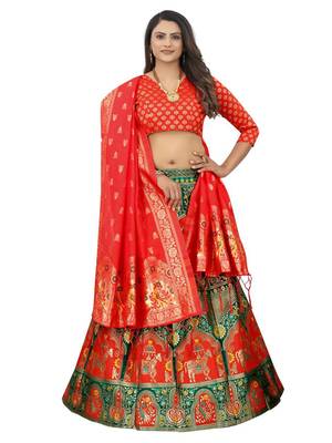 Green Brocade Fabric Lehenga & Unstitched Blouse With Dupatta 1