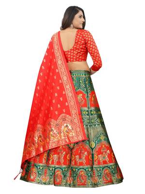 Green Brocade Fabric Lehenga & Unstitched Blouse With Dupatta 2