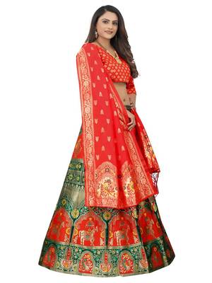 Green Brocade Fabric Lehenga & Unstitched Blouse With Dupatta 3