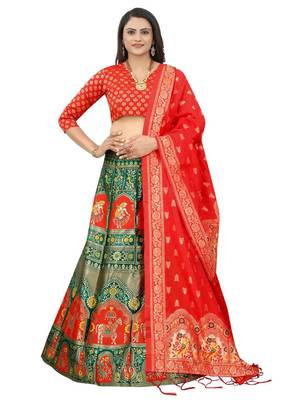 Green Brocade Fabric Lehenga & Unstitched Blouse With Dupatta 4