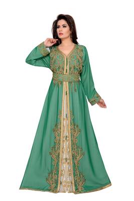 Green & White color Full Sleeves Handmade Moroccan Kaftan  1