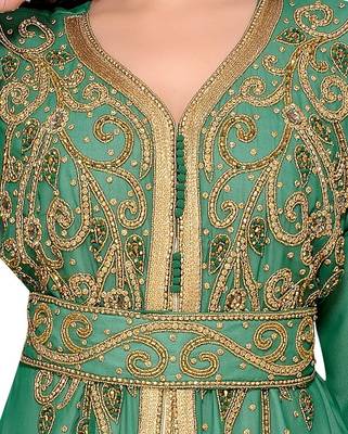 Green & White color Full Sleeves Handmade Moroccan Kaftan  2
