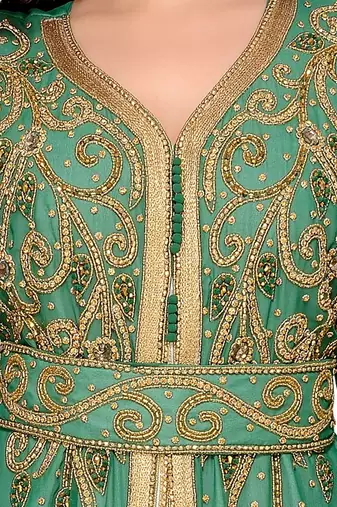Green & White color Full Sleeves Handmade Moroccan Kaftan 