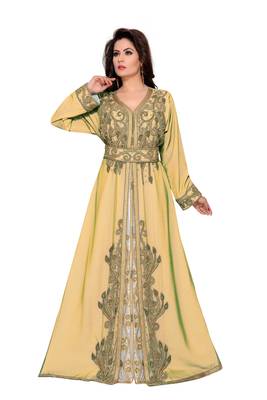 Beige & White color Full Sleeves Handmade Moroccan Kaftan  1