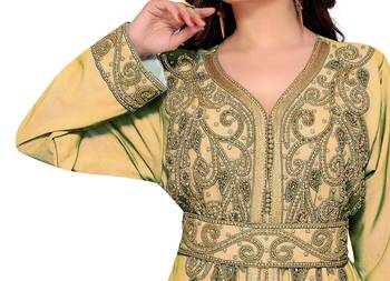 Beige & White color Full Sleeves Handmade Moroccan Kaftan  2