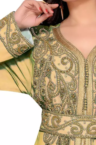 Beige & White color Full Sleeves Handmade Moroccan Kaftan 