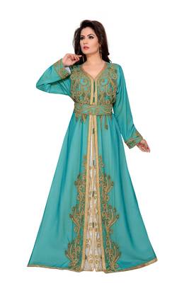 Cyan & White color Full Sleeves Handmade Moroccan Kaftan  1