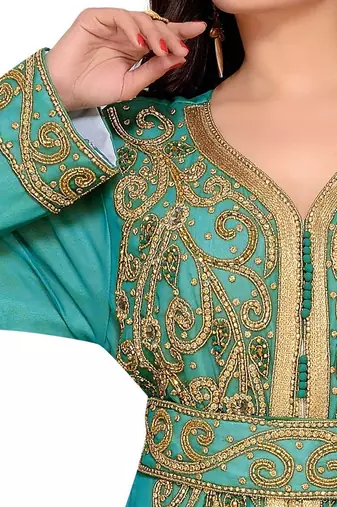 Cyan & White color Full Sleeves Handmade Moroccan Kaftan 