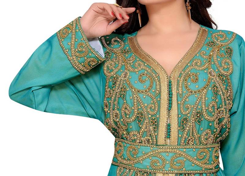 Cyan & White color luxurious Full Sleeves Handmade Moroccan Kaftan .