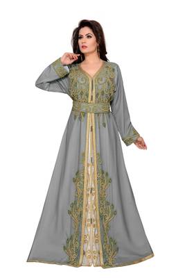 Grey & White color Full Sleeves Handmade Moroccan Kaftan  1