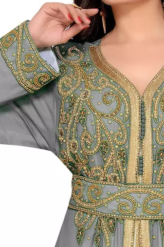 Grey & White color Full Sleeves Handmade Moroccan Kaftan 