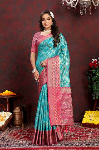 Soft Organza Silk Blend Saree With Meenakari Weaving Design Pallu & Border |Brand|