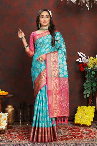 Soft Organza Silk Blend Saree With Meenakari Weaving Design Pallu & Border |Brand|