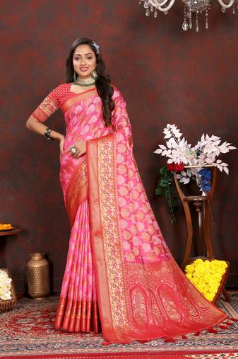 Soft Organza Silk Blend Saree With Meenakari Weaving Design Pallu & Border |Brand|