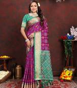 Soft Patola Silk Blend Saree With Meenakari Zari Weaving Motifs In Saree |Brand|