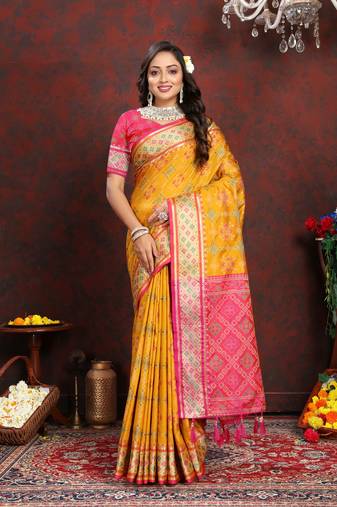 Soft Patola Silk Blend Saree With Meenakari Zari Weaving Motifs In Saree |Brand|