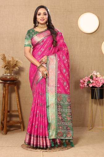 Soft Patola Silk Blend Saree With Meenakari Zari Weaving Motifs In Saree |Brand|