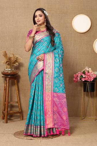 Soft Patola Silk Blend Saree With Meenakari Zari Weaving Motifs In Saree |Brand|