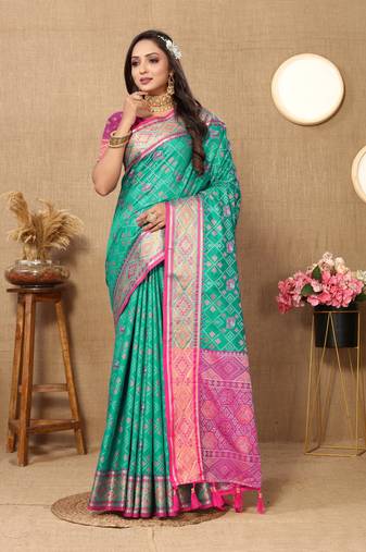 Soft Patola Silk Blend Saree With Meenakari Zari Weaving Motifs In Saree |Brand|