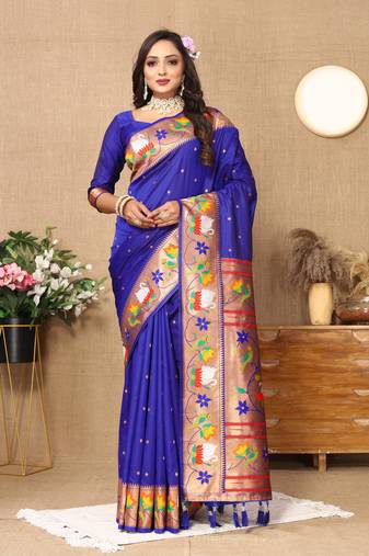 Soft Paithani Silk Blend Saree With Zari Weaving Pallu  & Border With Silk Weaving Blouse |Brand|