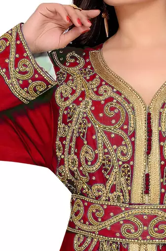 Maroon & White color Full Sleeves Handmade Moroccan Kaftan 
