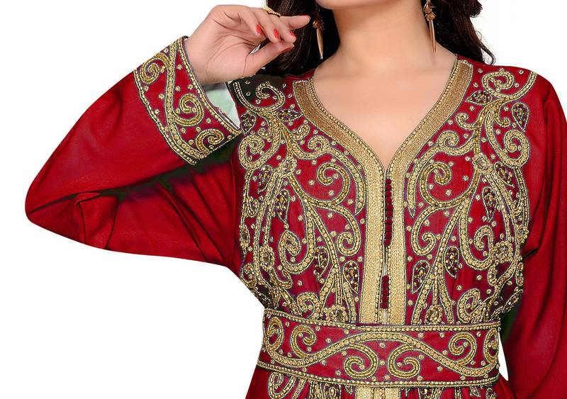 Maroon & White color luxurious Full Sleeves Handmade Moroccan Kaftan .