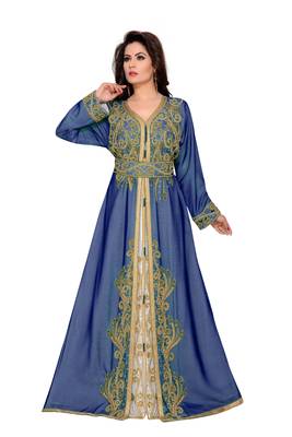 Navy-Blue & White color Full Sleeves Handmade Moroccan Kaftan  1