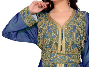 Navy-Blue & White color Full Sleeves Handmade Moroccan Kaftan  2
