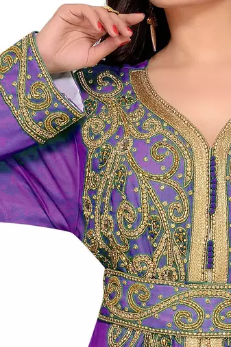 Purple & White color Full Sleeves Handmade Moroccan Kaftan 