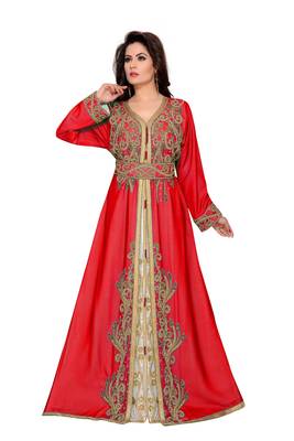 Red & White color Full Sleeves Handmade Moroccan Kaftan  1