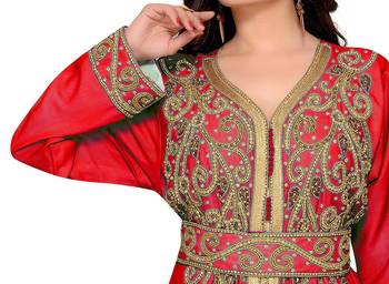 Red & White color Full Sleeves Handmade Moroccan Kaftan  2